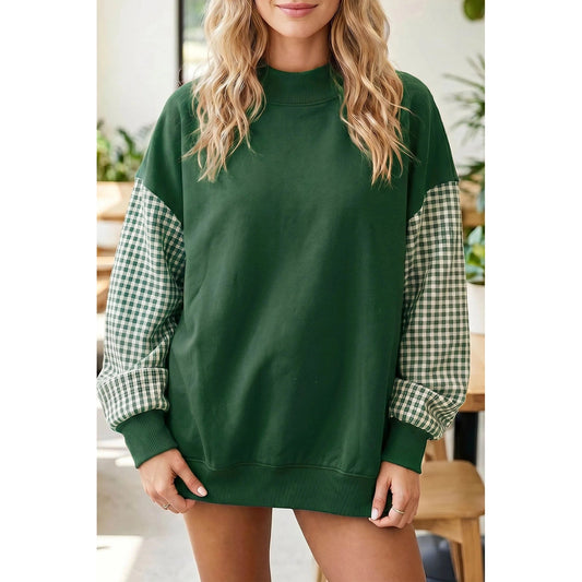 Kyrie Green Plaid Sleeve Colorblock Loose Tunic Sweatshirt