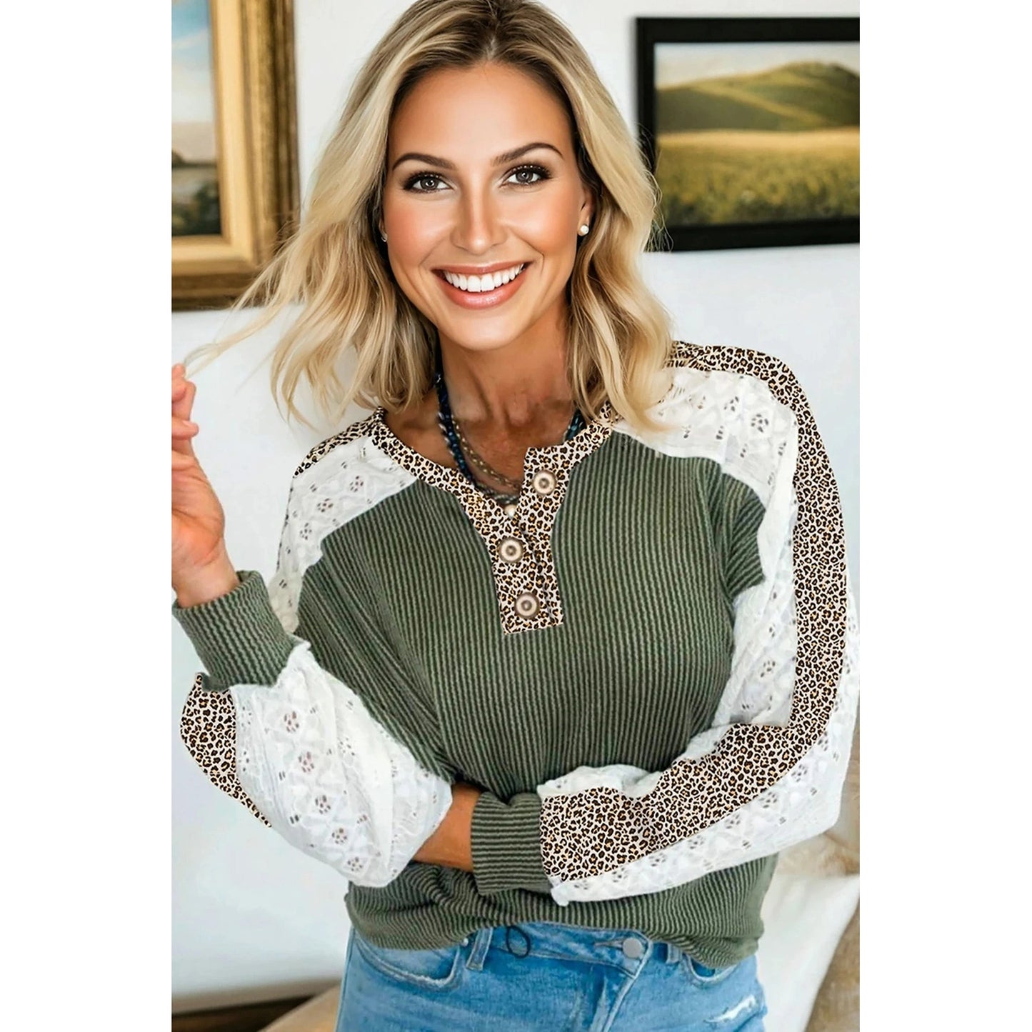 RTS Reggi Vineyard Green Twisted Ribbed Leopard Lace Contrast Patchwork Long Sleeve Top