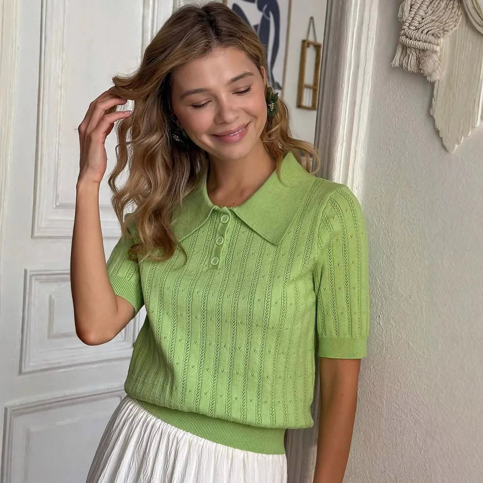 Esmee Green Knitted Short Sleeved Polo Shirt