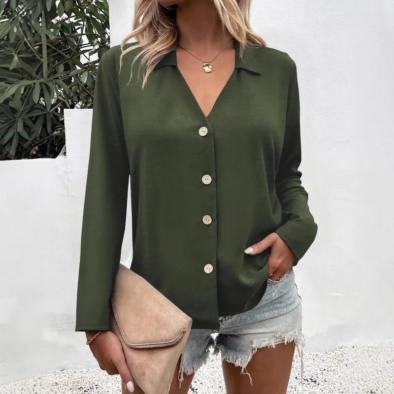 Eleanora Lapel Button Up Long Sleeve Blouse - 6 Colors
