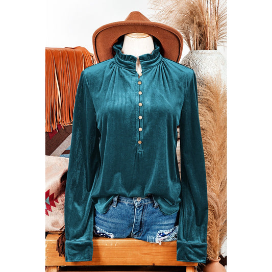 Evalyn Green Frilled Neck Buttoned Front Velvet Top