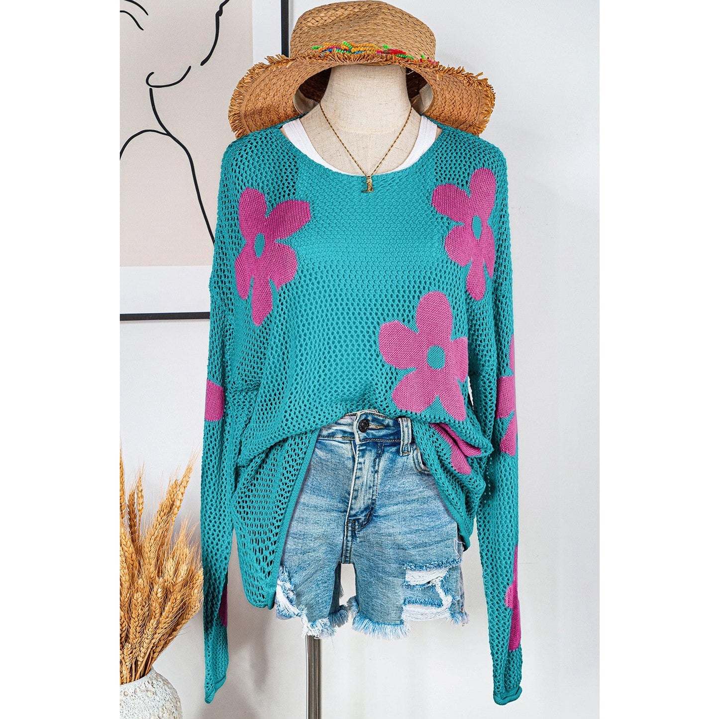 Magdalene Sea Green Big Flower Hollowed Knit Drop Shoulder Sweater