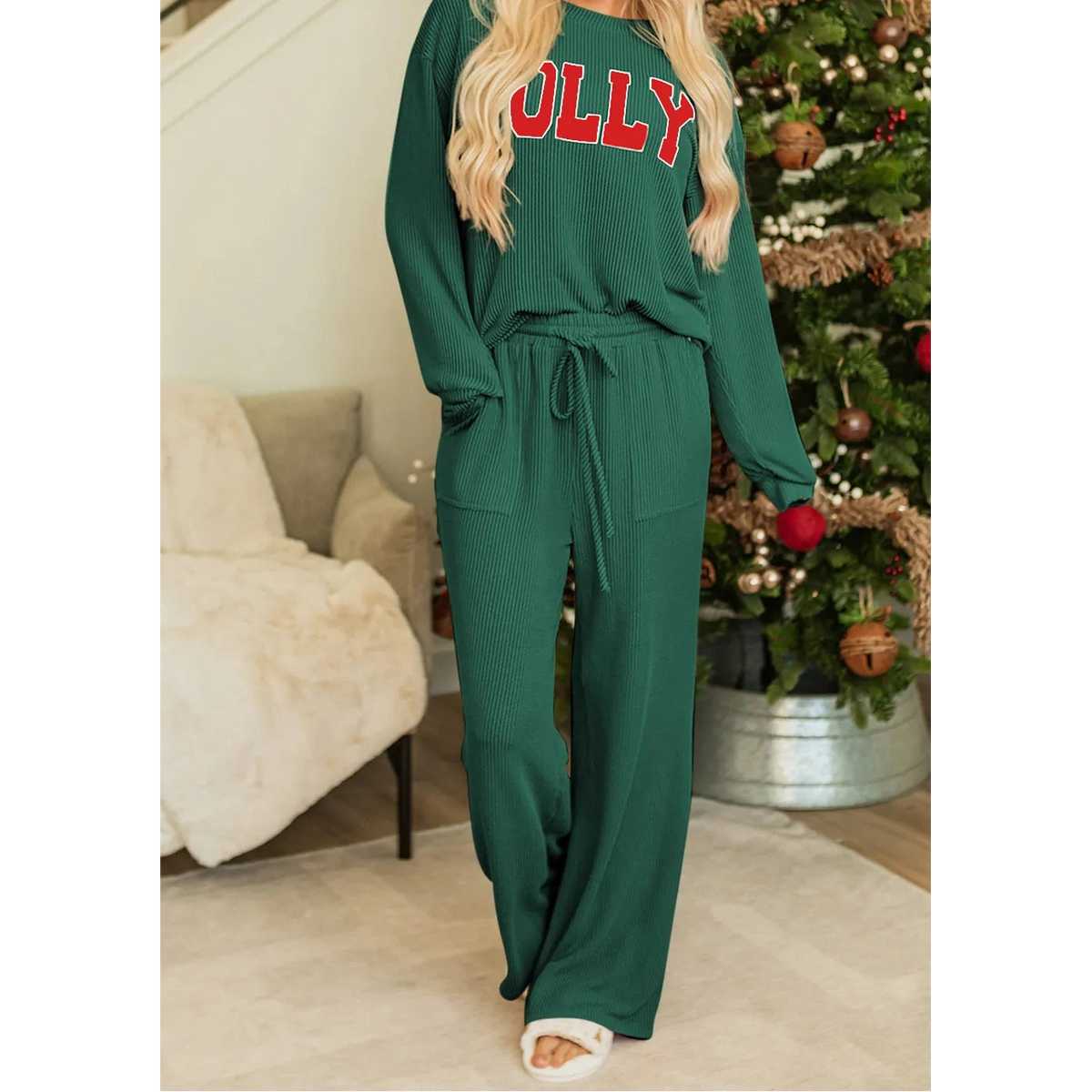 Evergreen JOLLY Corded Long Sleeve Top and Pockets Pants Set