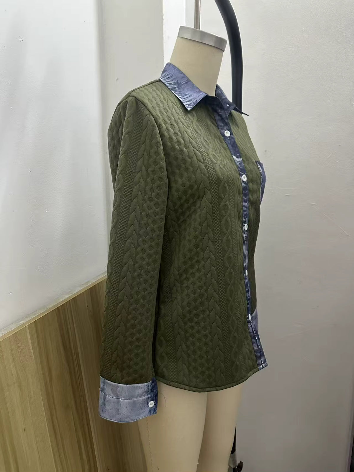 Antoinette Green Denim Trimmed Knit Button Up Top