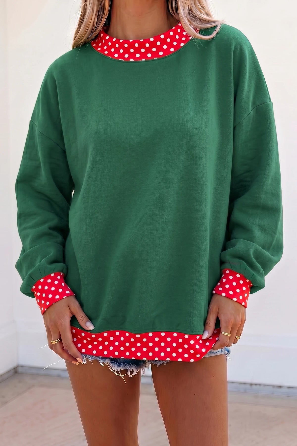 Phoebe Green/Red Colorblock Polka Dot Contrast Trim Oversized Sweatshirt