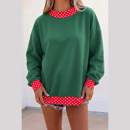 Phoebe Green/Red Colorblock Polka Dot Contrast Trim Oversized Sweatshirt