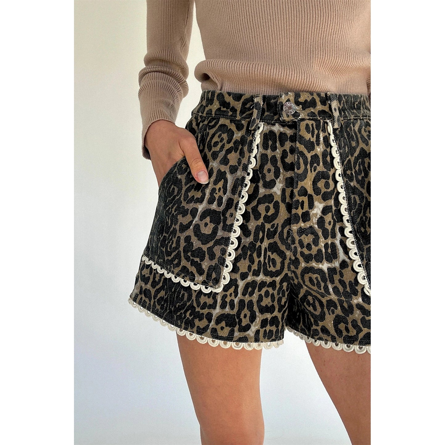 Greer Contrast Scalloped Lace Trim Leopard Denim Shorts