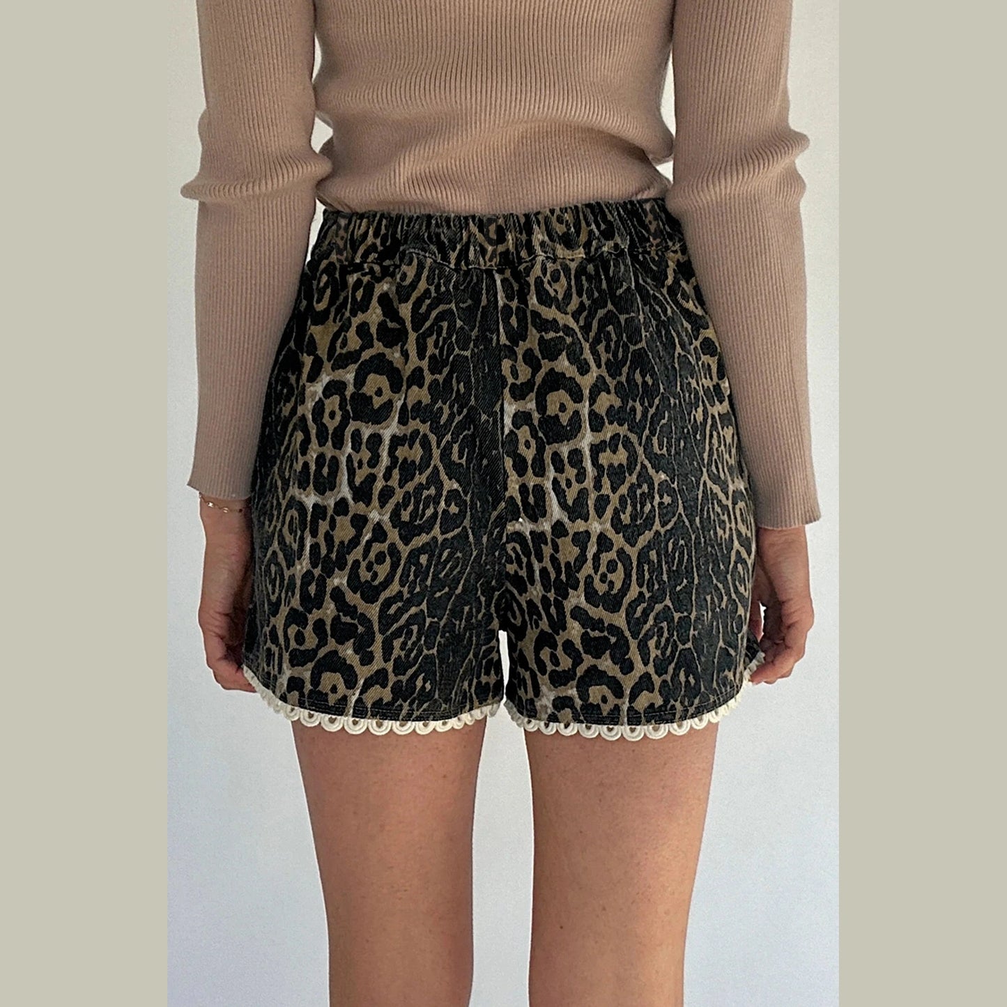 Greer Contrast Scalloped Lace Trim Leopard Denim Shorts