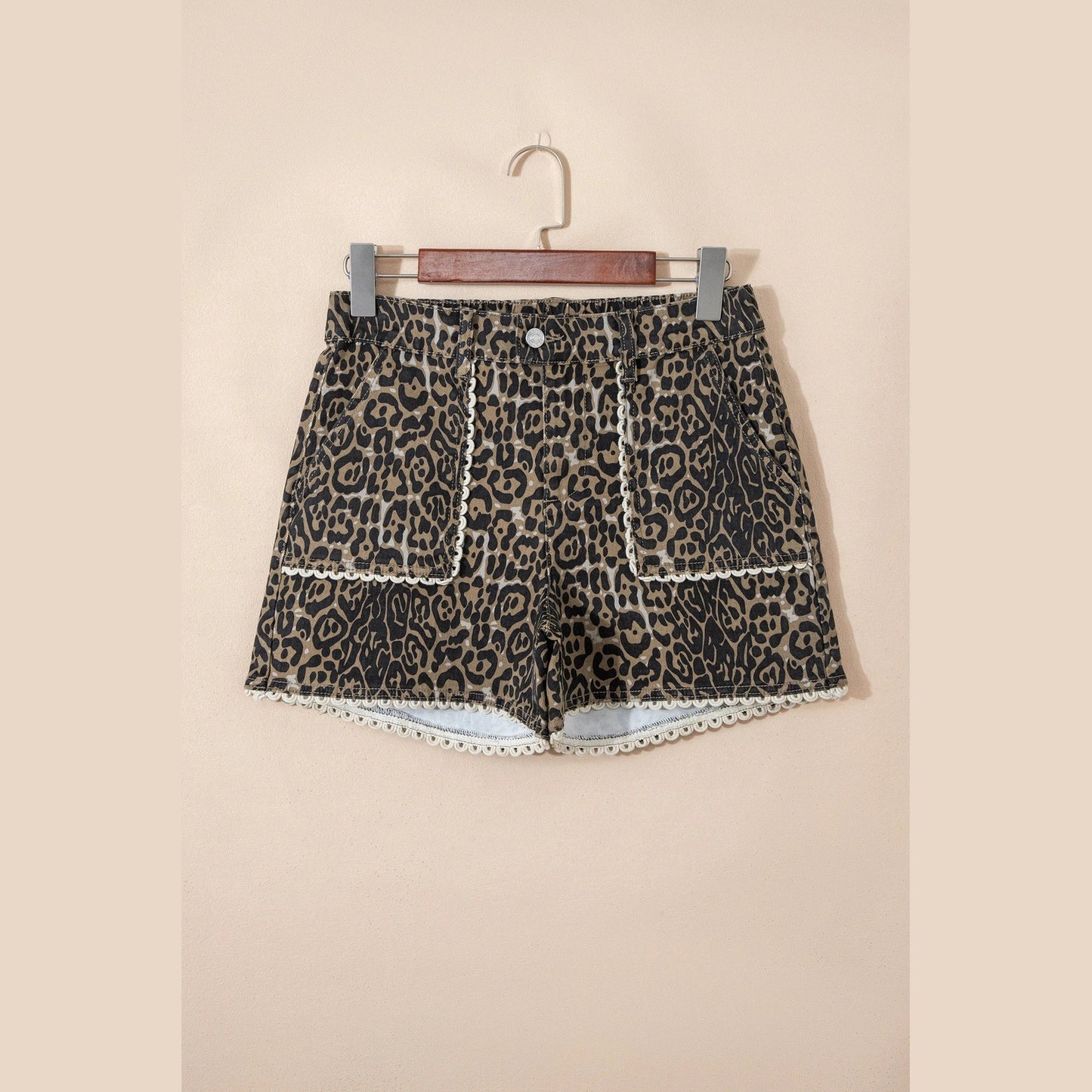Greer Contrast Scalloped Lace Trim Leopard Denim Shorts
