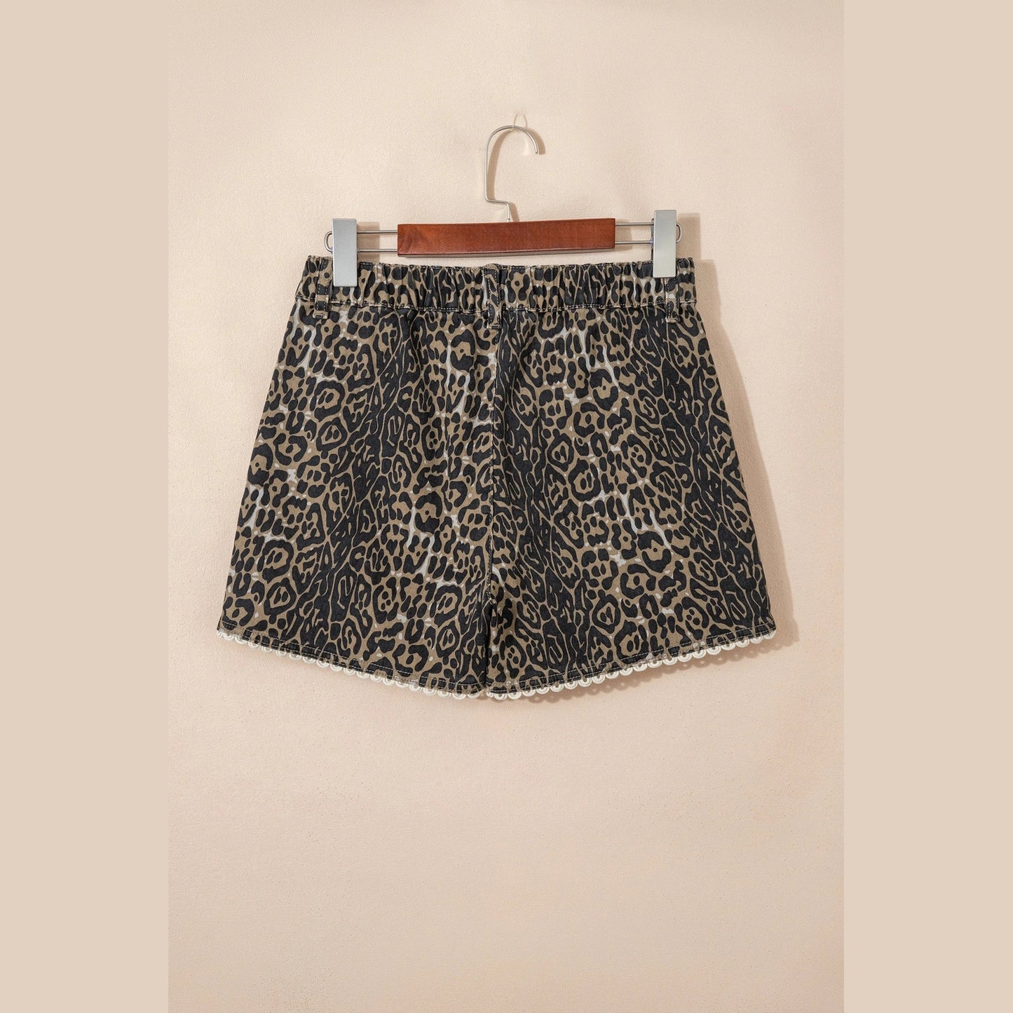 Greer Contrast Scalloped Lace Trim Leopard Denim Shorts