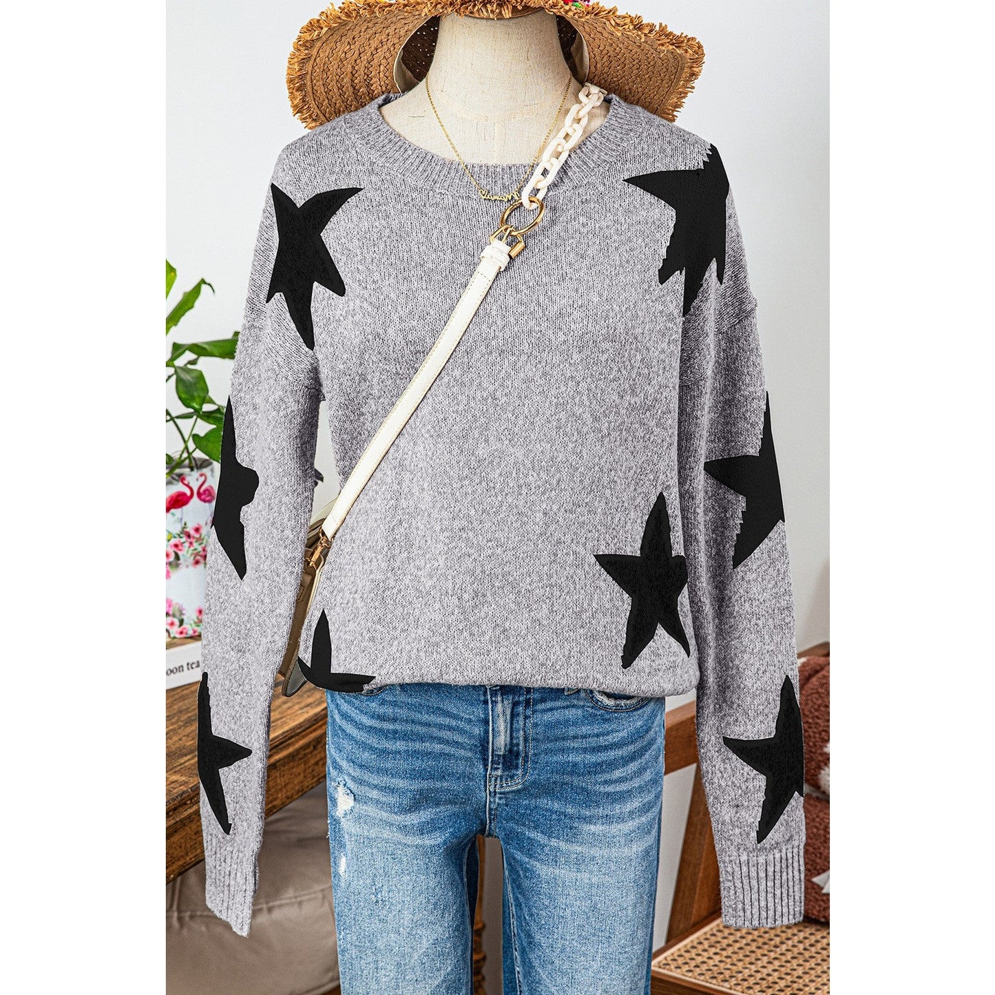 Lynda Grey Star Pattern Drop Shoulder Sweater