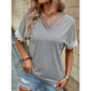 Clemmy Grey Criss Cross V Neck Lace Sleeve Top