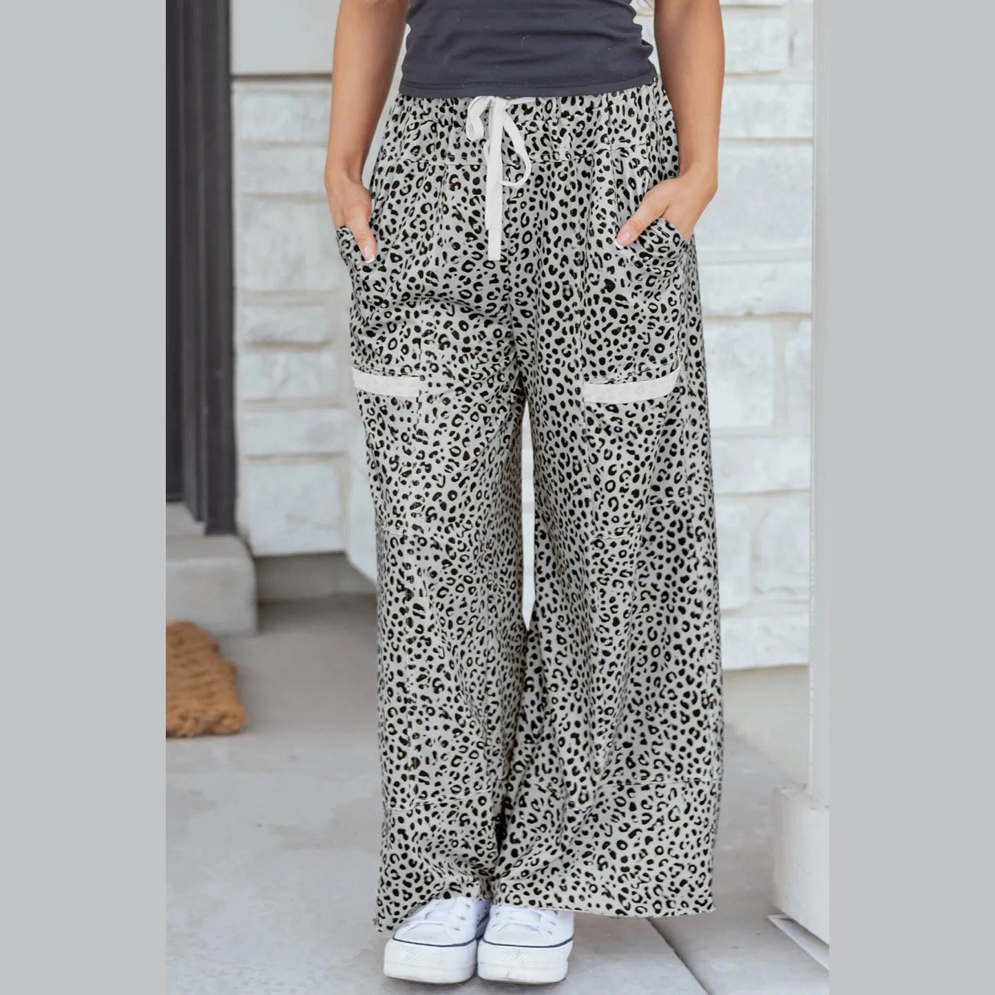 Zaza Grey Animal Print Wide Leg Terry Knit Pants