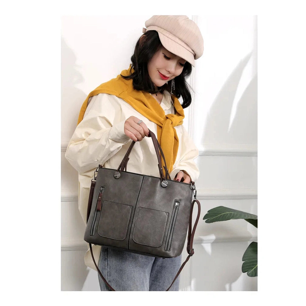 PU Leather Handbag with Dual Zippers and Front Pockets - 3 Colors