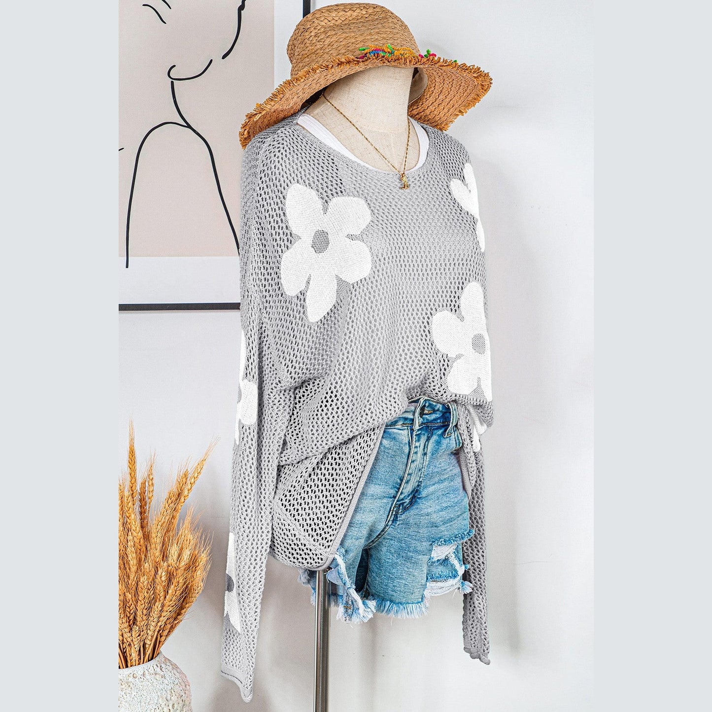 Magdalene Grey Big Flower Hollowed Knit Drop Shoulder Sweater