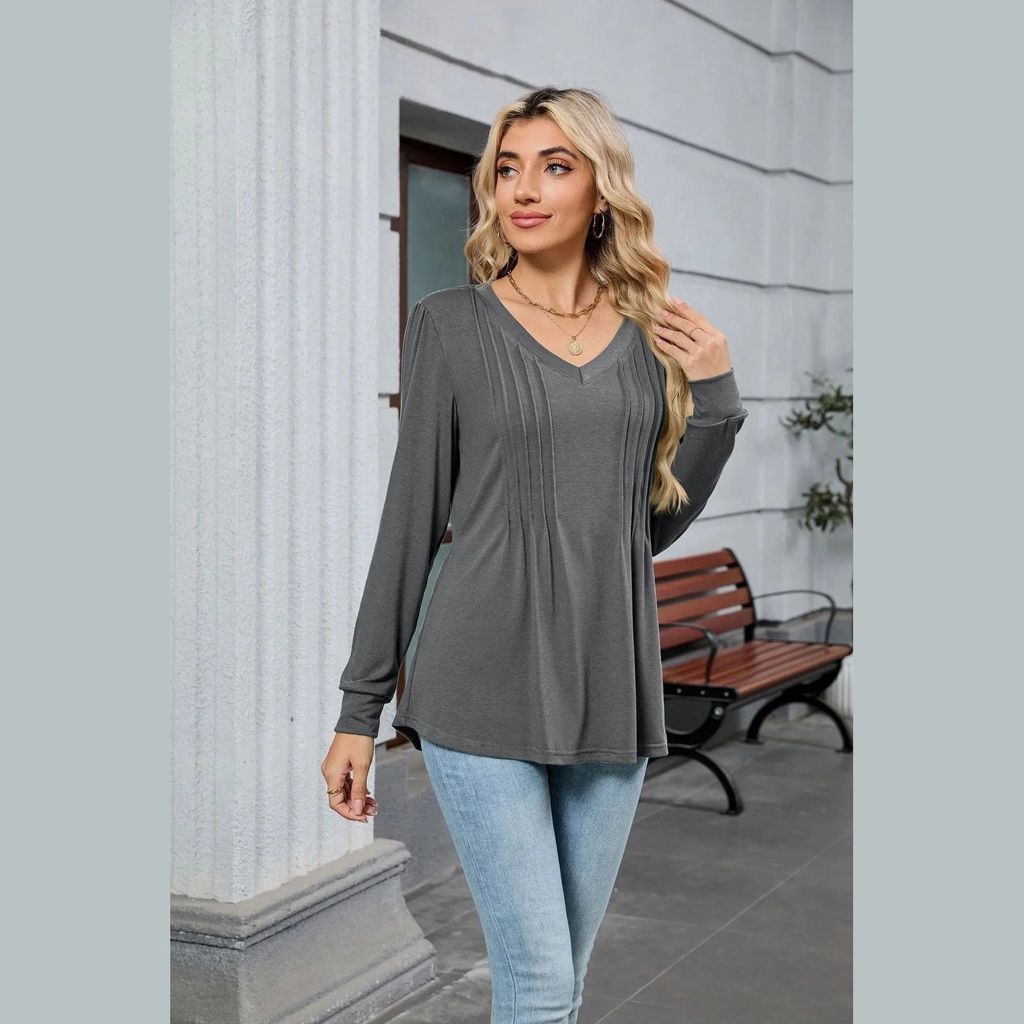 Petra Grey Pleated Relaxed Fit Babydoll Tee