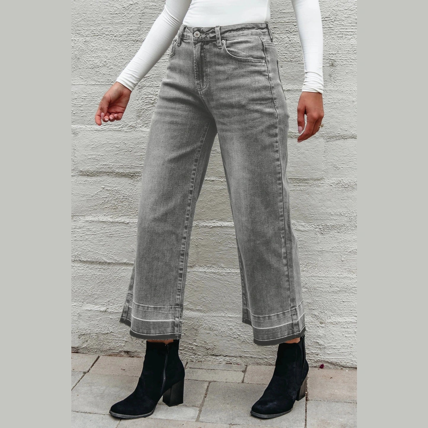 Millie Grey Raw Hem Straight Leg Loose High Waist Jeans