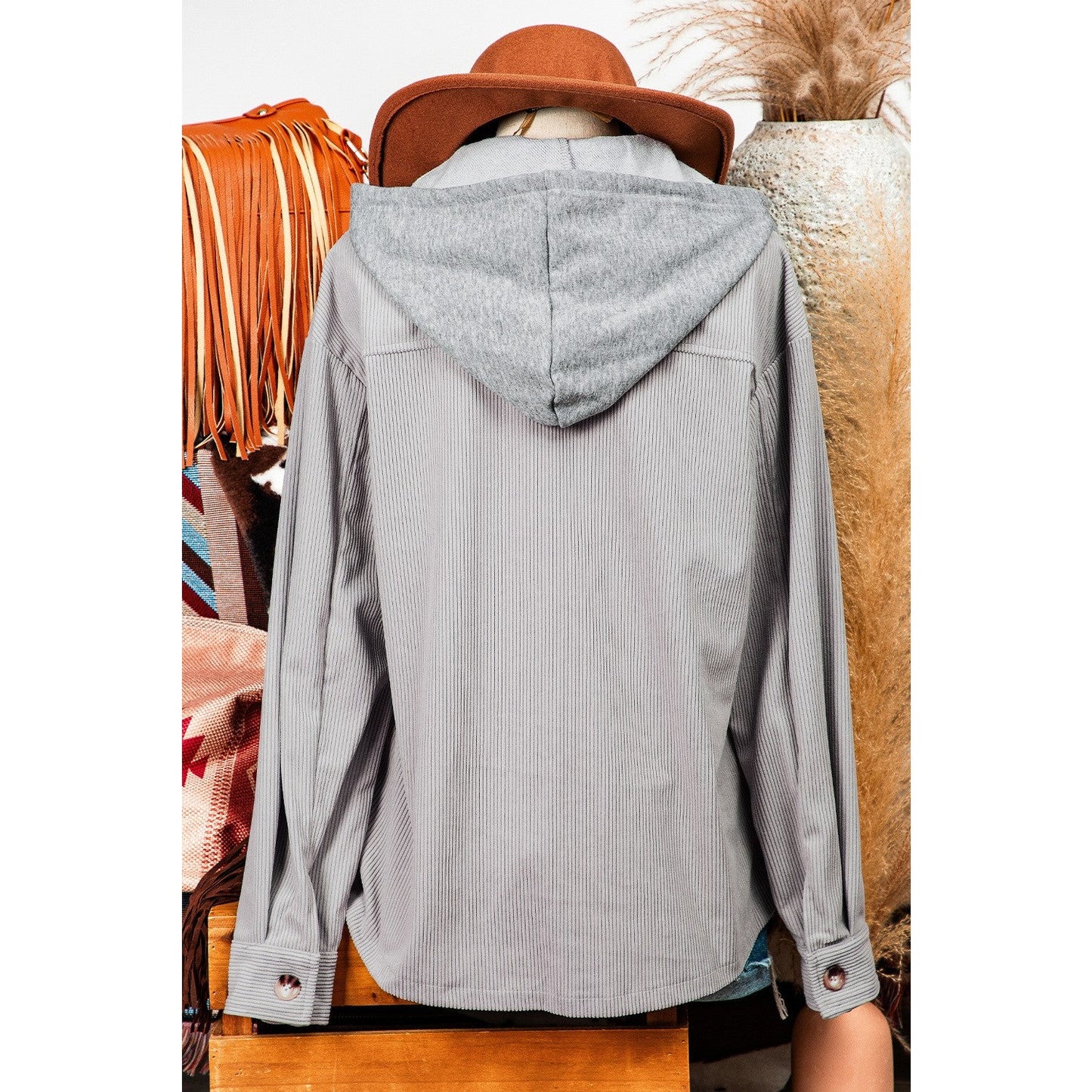 Harlene Grey Hooded Drawstring Pockets Corduroy Shacket