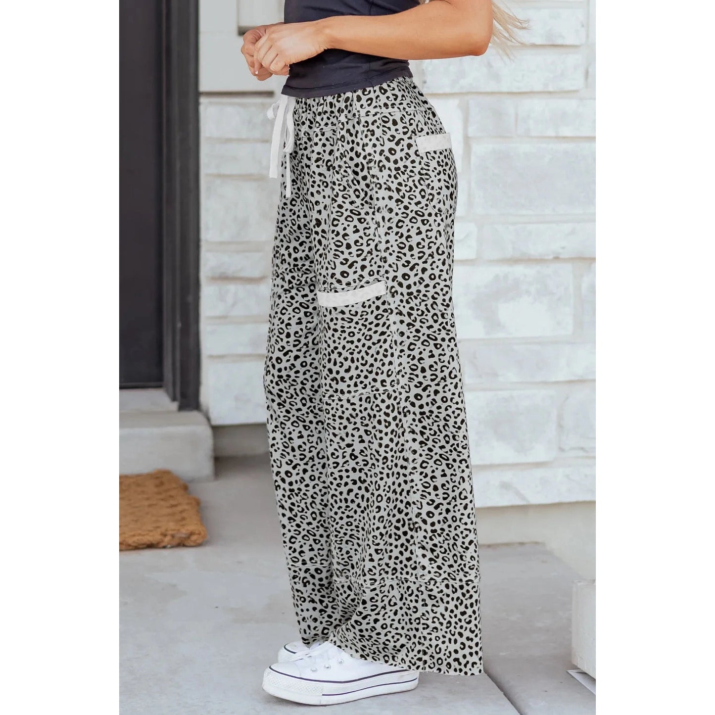 Zaza Grey Animal Print Wide Leg Terry Knit Pants