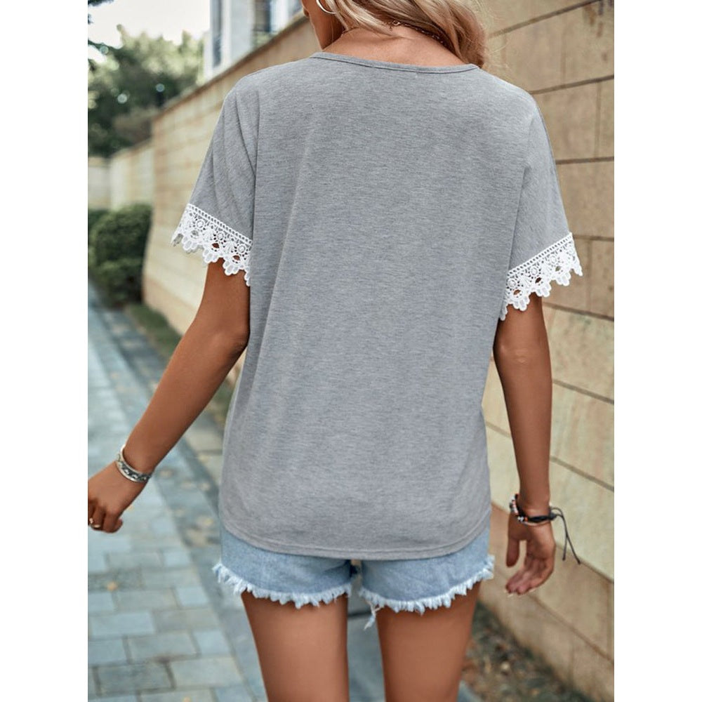 Clemmy Grey Criss Cross V Neck Lace Sleeve Top
