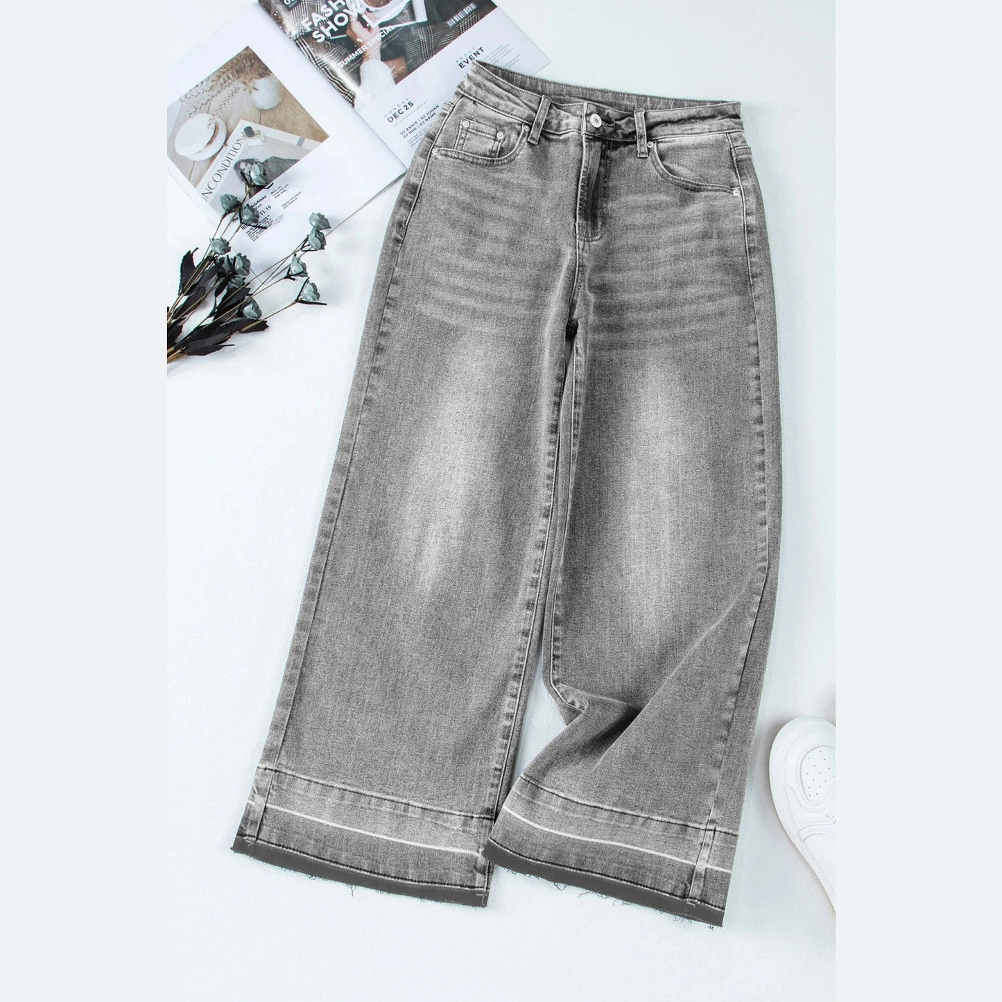 Millie Grey Raw Hem Straight Leg Loose High Waist Jeans