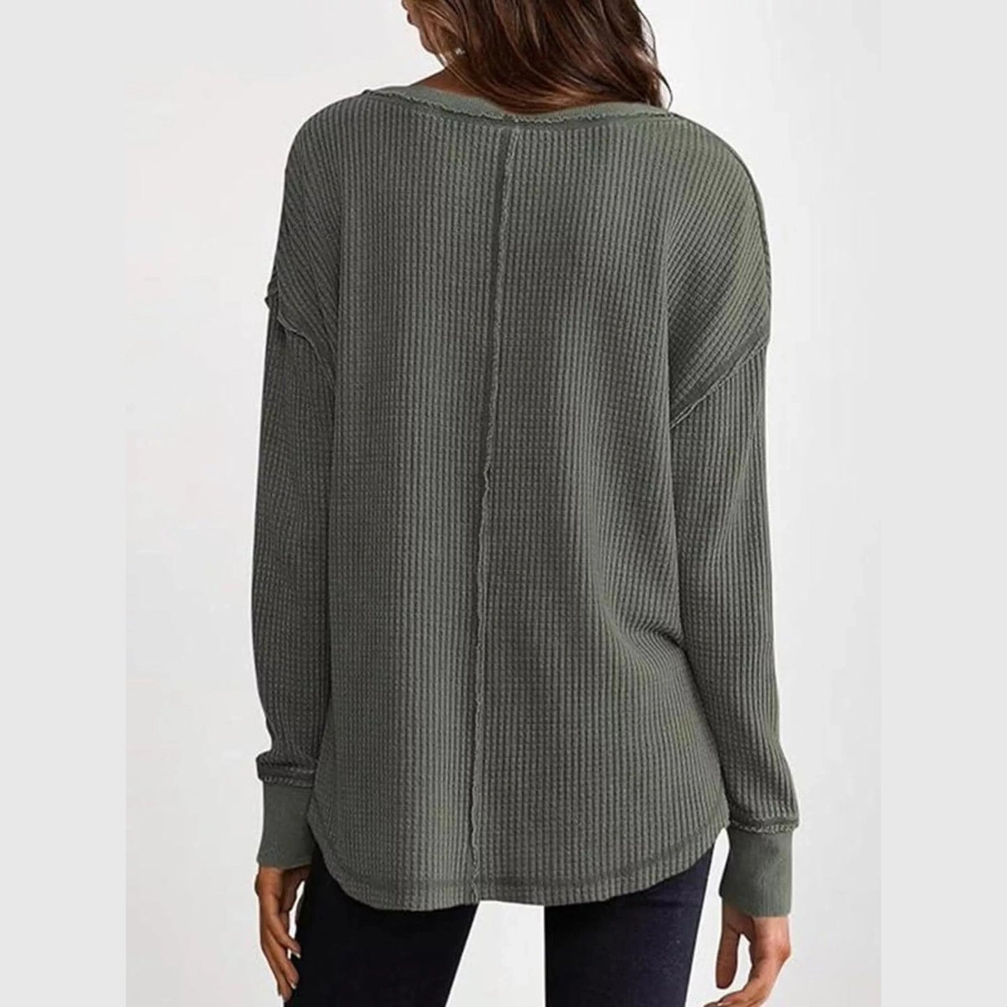 Olivia Grey Green Waffle Knit Long Sleeve Shirt
