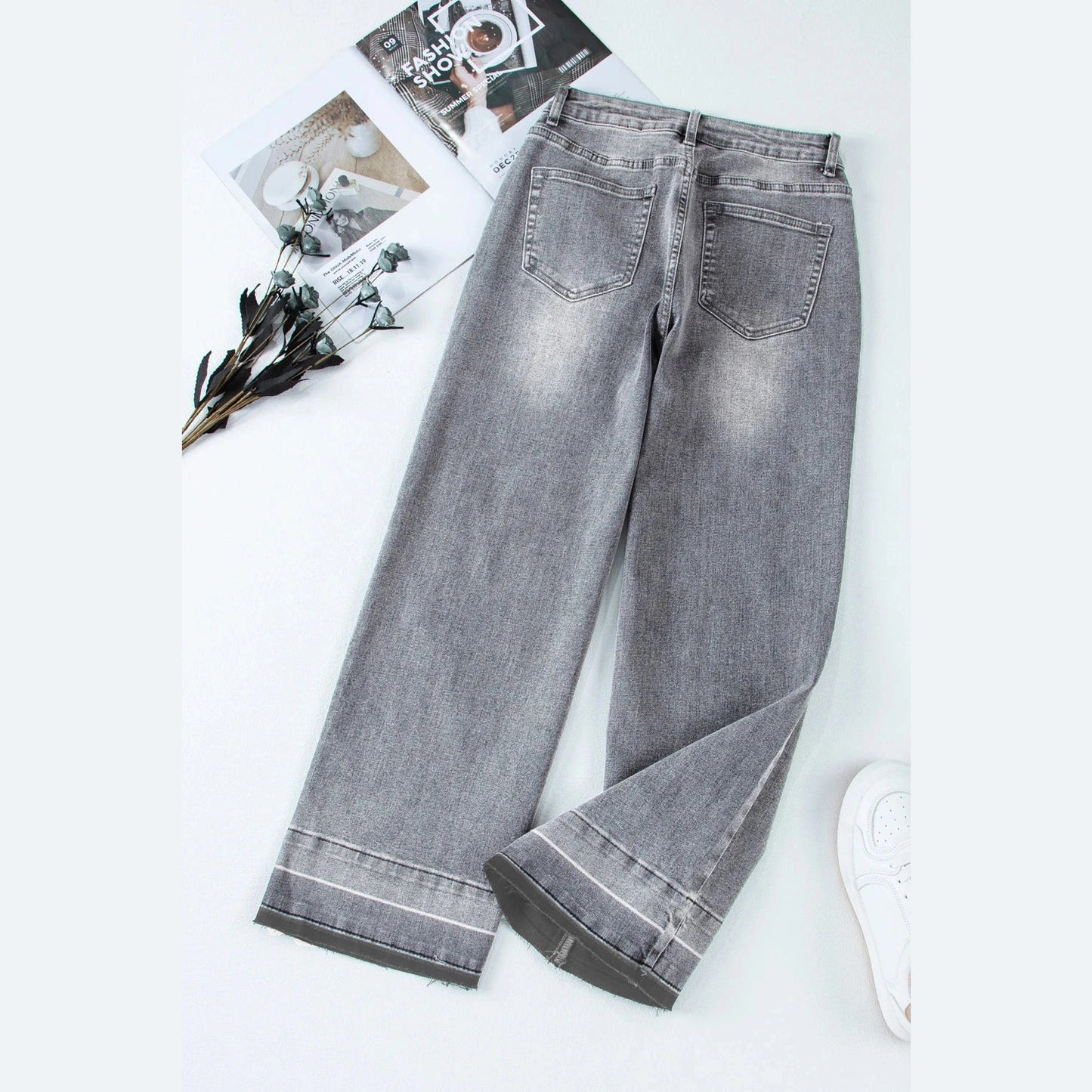 Millie Grey Raw Hem Straight Leg Loose High Waist Jeans