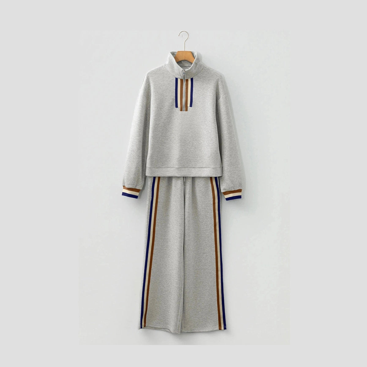 Julianna Grey Striped Patchwork Quarter Zip Pullover Loose Pant Set