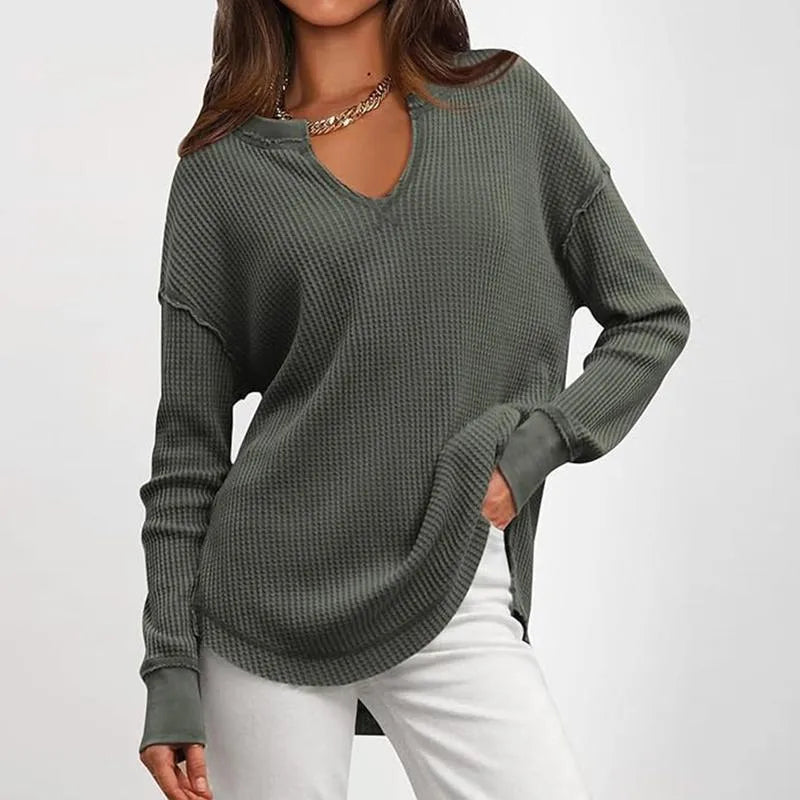 Olivia Grey Green Waffle Knit Long Sleeve Shirt