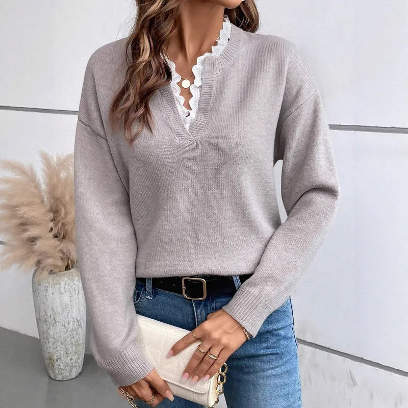 Irene Lace Trim V Neck Sweater - 7 Colors