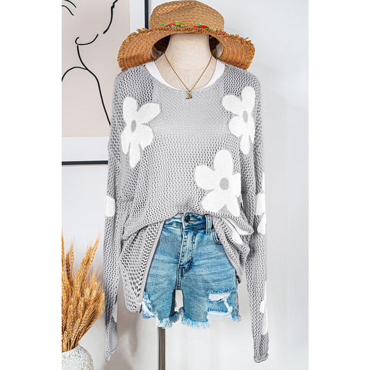 Magdalene Grey Big Flower Hollowed Knit Drop Shoulder Sweater