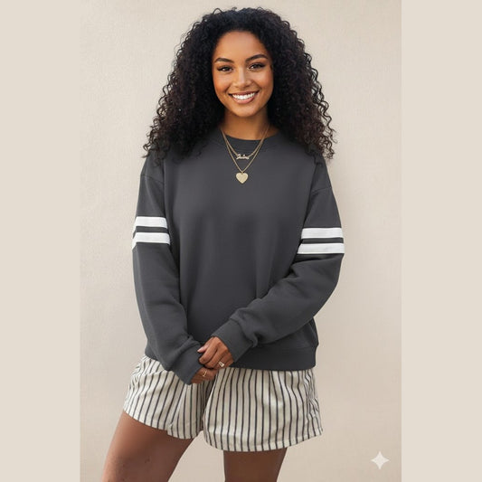 Charcoal Varsity Striped Detail Drop Shoulder Oversized Sweatshirt