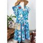 Gwenyth Sky Blue Floral Flutter Sleeve V Neck Ruffled Dress