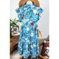 Gwenyth Sky Blue Floral Flutter Sleeve V Neck Ruffled Dress