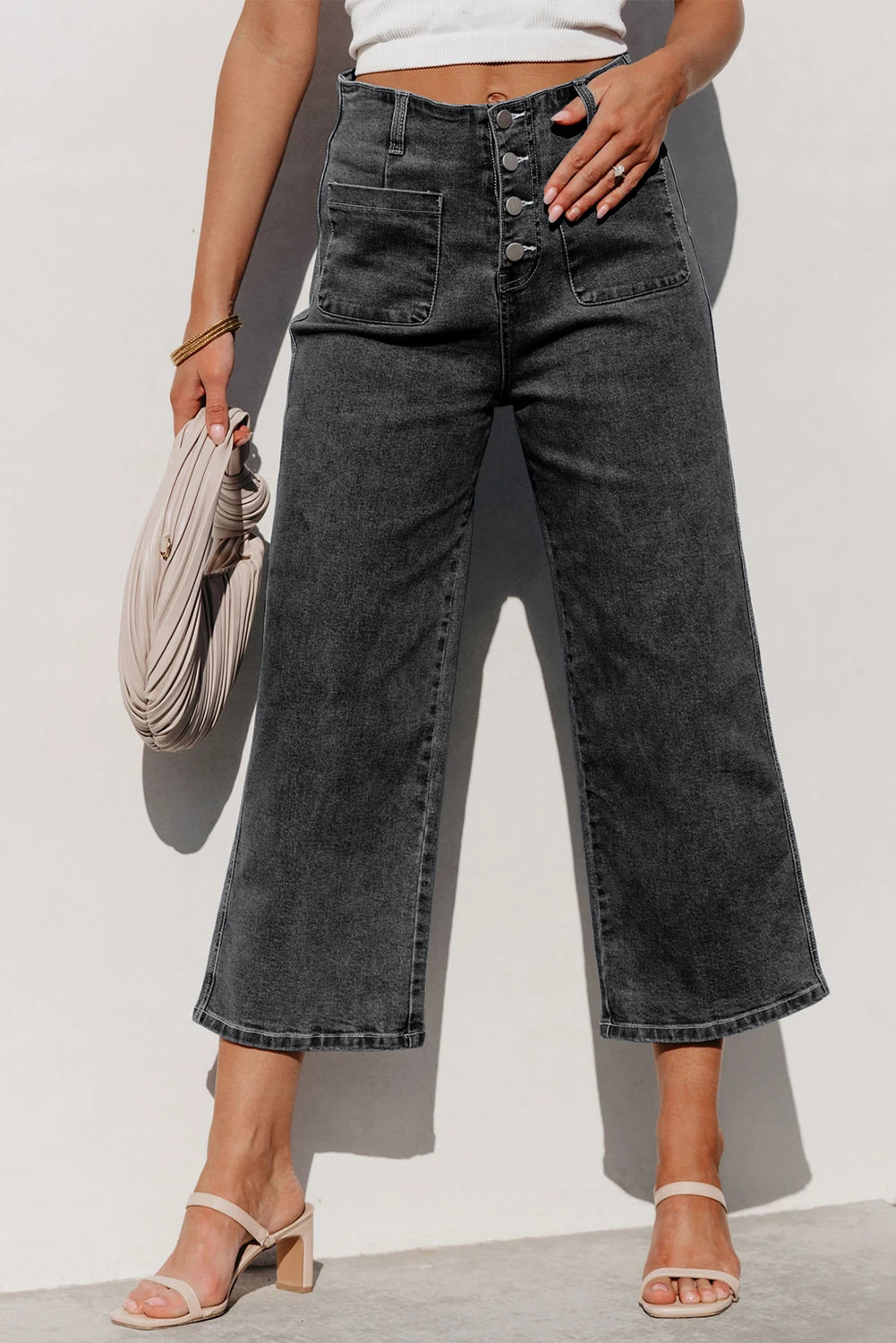 Gwynne Grey High Waist Button Front Wide Leg Cropped Jeans