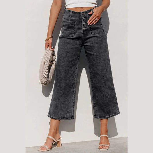 Gwynne Grey High Waist Button Front Wide Leg Cropped Jeans