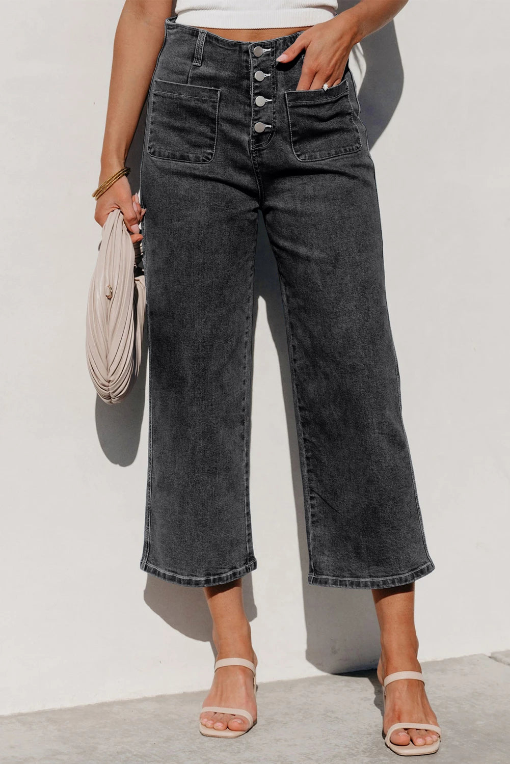 Gwynne Grey High Waist Button Front Wide Leg Cropped Jeans