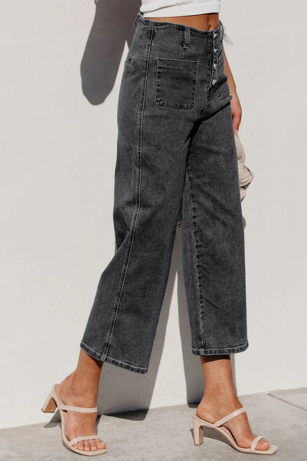 Gwynne Grey High Waist Button Front Wide Leg Cropped Jeans