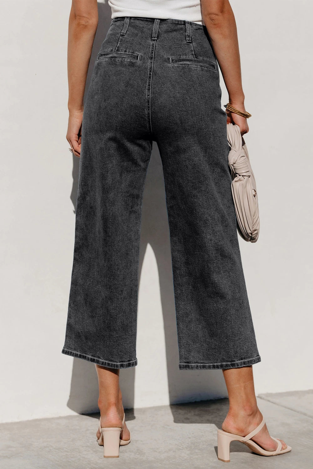 Gwynne Grey High Waist Button Front Wide Leg Cropped Jeans