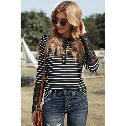 RTS Harlise Lace Striped Splicing Hollow-out Button Long Sleeves Top