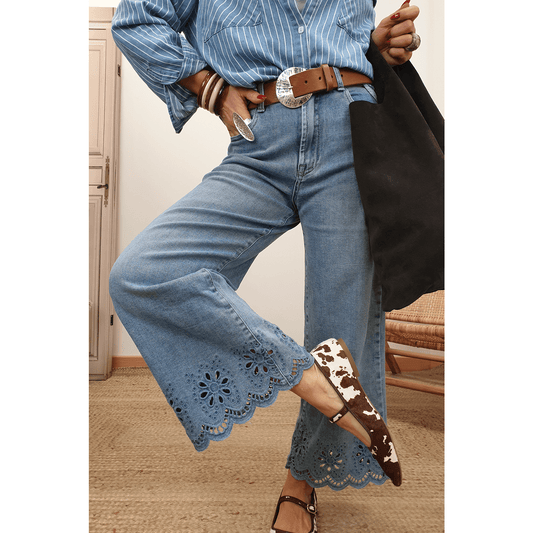 Harlyn Dusk Blue Embroidered Cropped Wide Leg High Waist Jeans