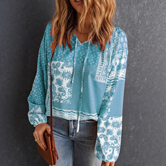 Haley Aqua Neck Tie Boho Long Sleeve Blouse
