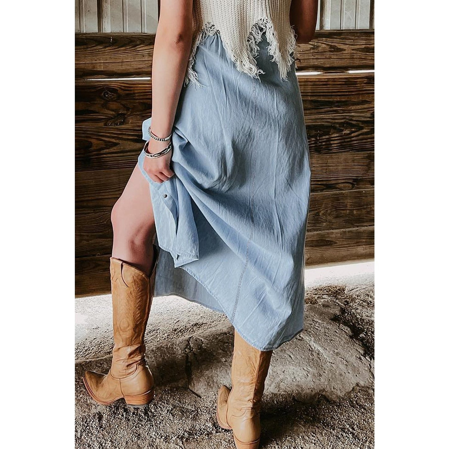 Halle Mist Blue Fully Buttoned Long Denim Skirt