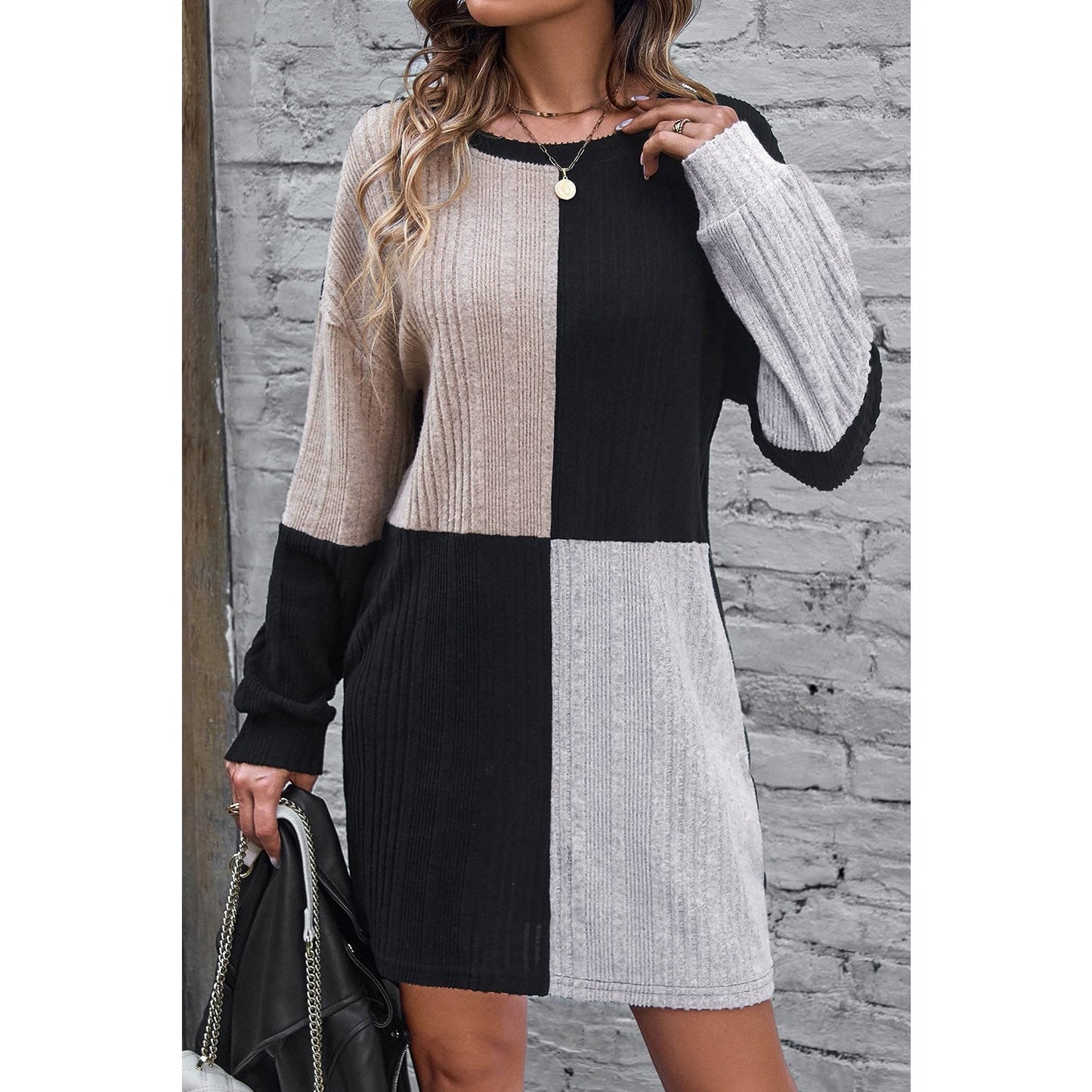 Halley Black Ribbed Color Block Drop Shoulder Long Sleeve Mini Dress