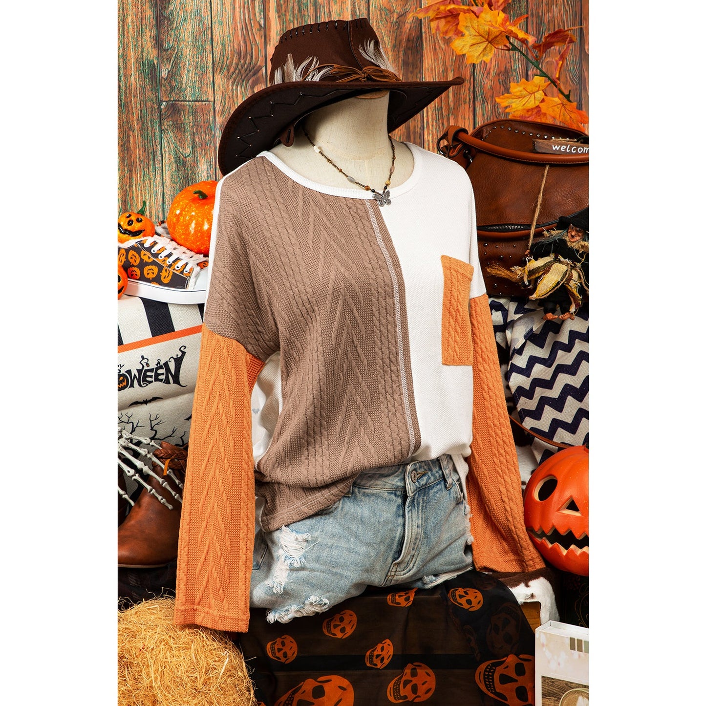 REDUCED!!! Hallie Orange Long Sleeve Colorblock Chest Pocket Textured Knit Top  REDUCED!!!