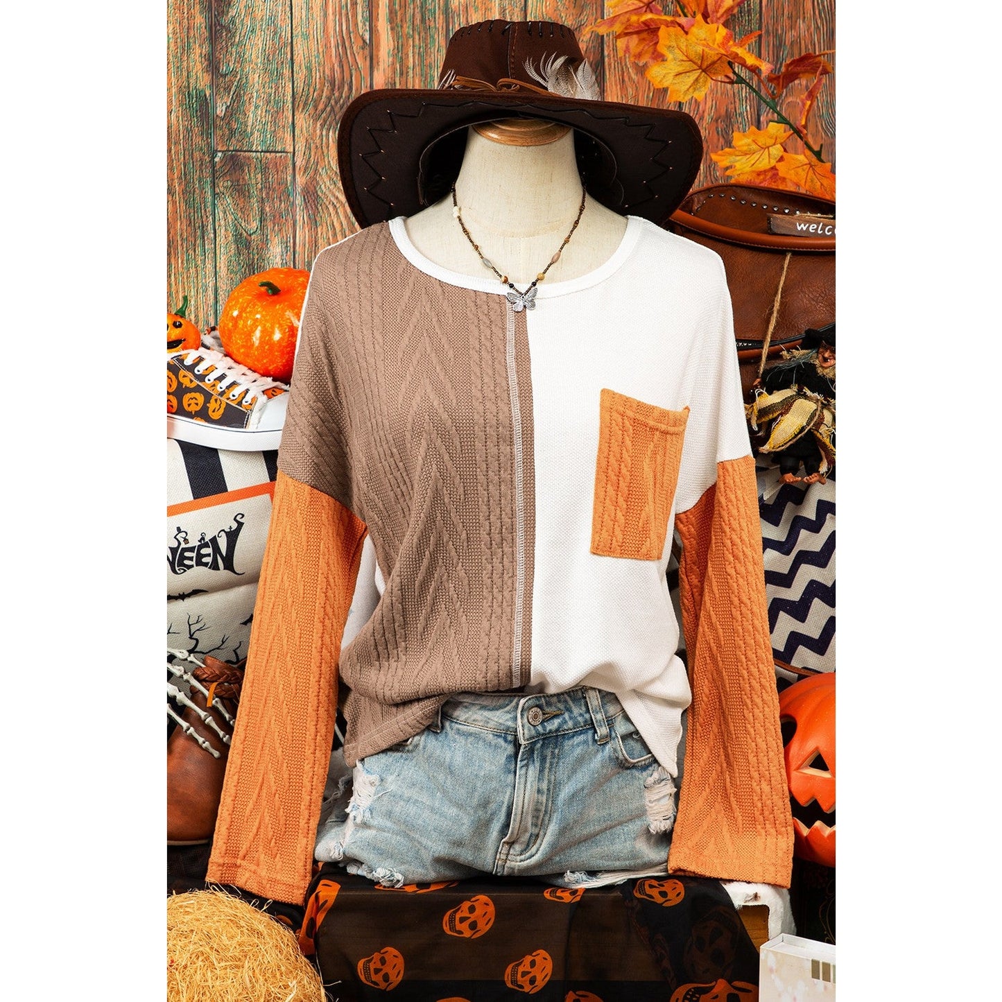 Hallie Orange Long Sleeve Colorblock Chest Pocket Textured Knit Top * S-3X