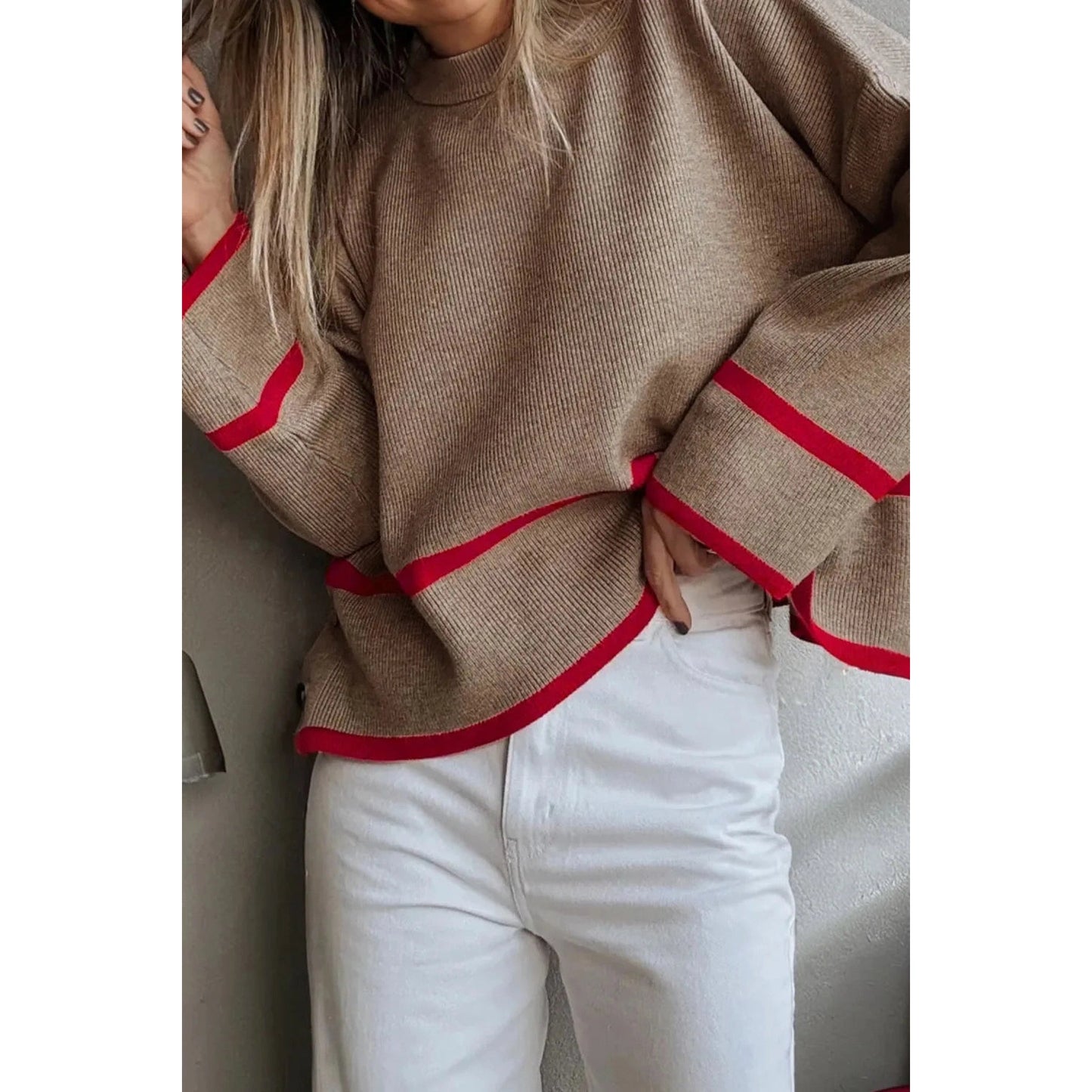 Halsey Simply Taupe Ribbed Knit Contrasted Stripe Detail Button Side Loose Sweater