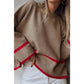 Halsey Simply Taupe Ribbed Knit Contrasted Stripe Detail Button Side Loose Sweater