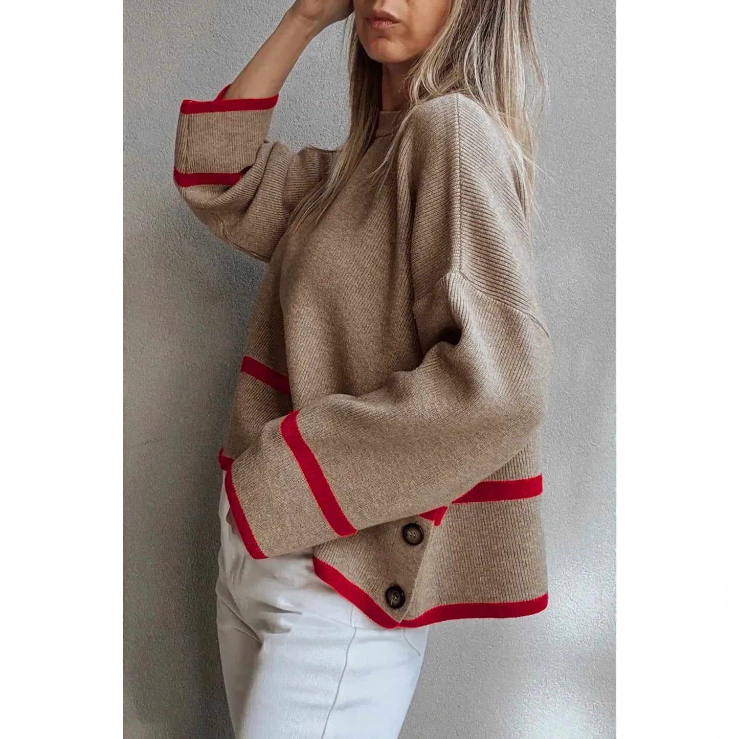 Halsey Simply Taupe Ribbed Knit Contrasted Stripe Detail Button Side Loose Sweater