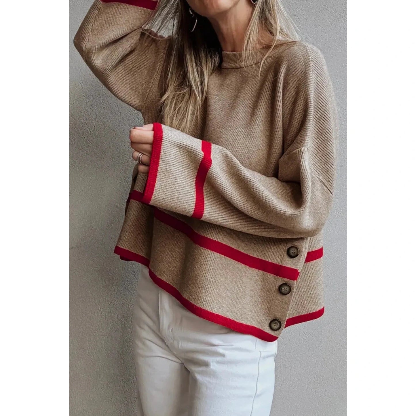 Halsey Simply Taupe Ribbed Knit Contrasted Stripe Detail Button Side Loose Sweater